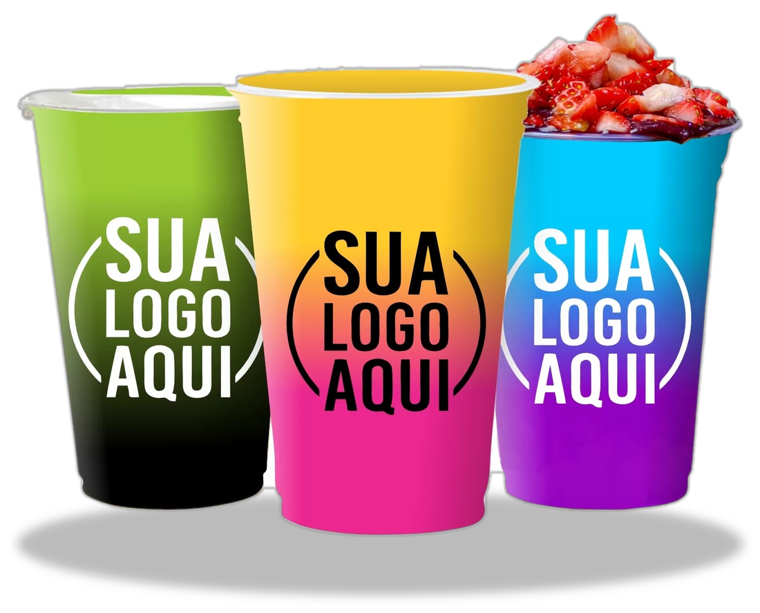 Copos descartáveis personalizados em cores degradê da Pratic Rio Preto